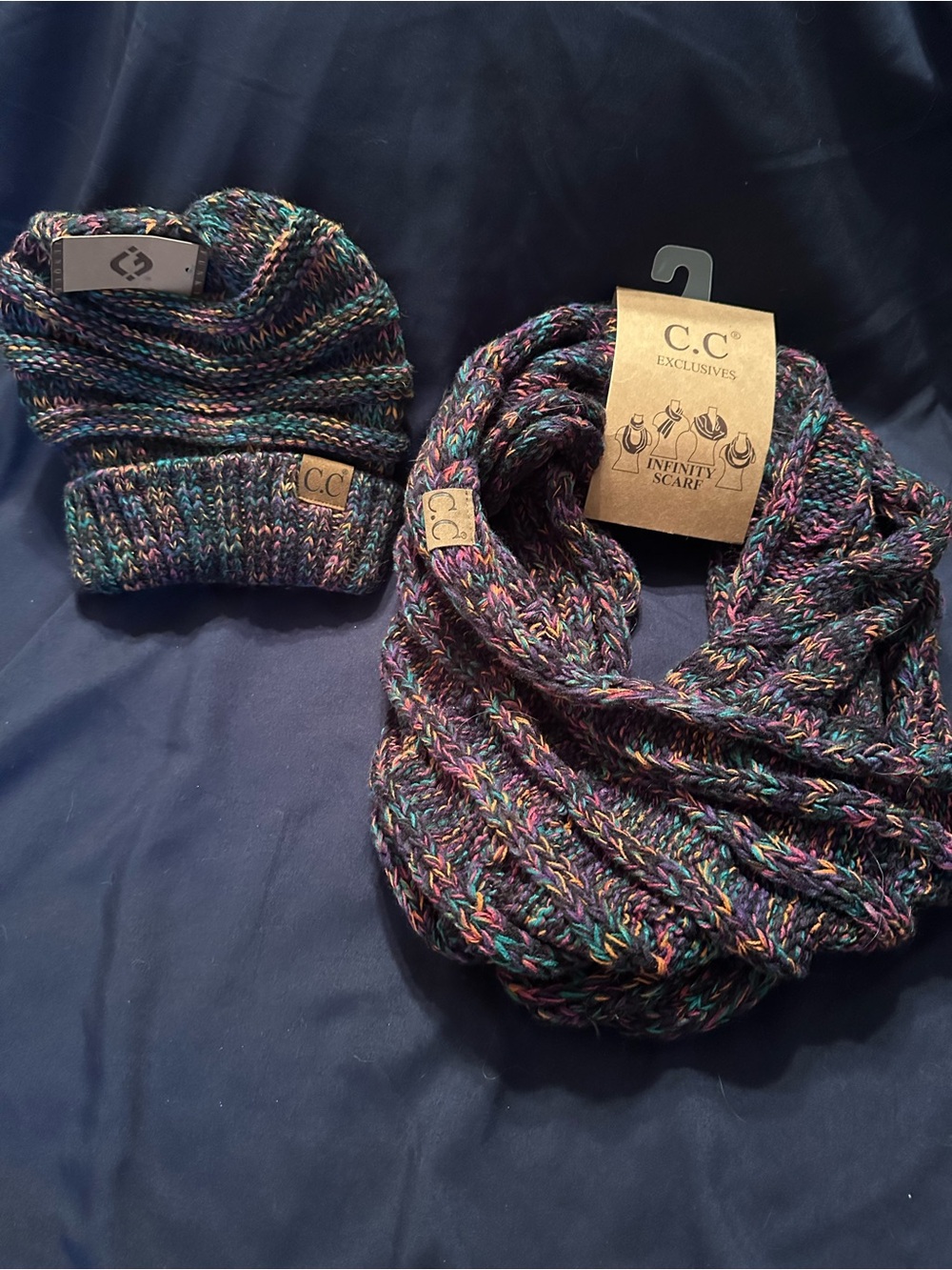 C.C Kaleidoscope Beanie Infinity Scarf Set Marled Black Purple Orange Teal New
